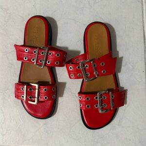Red Double-Buckle Slide Sandals Shoes  size 9
